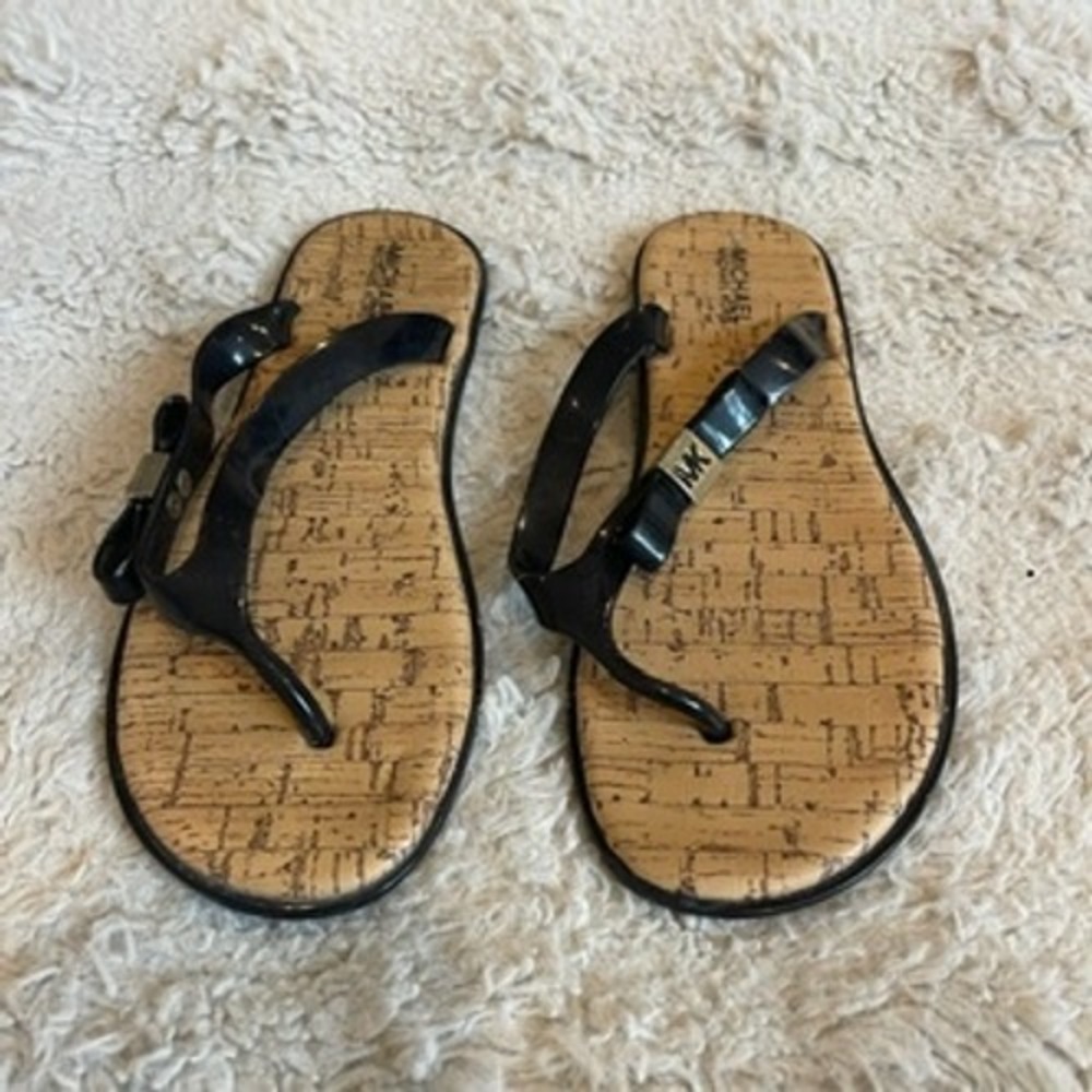 Michael Kors Womens Jet Set MK Jelly Thong Sandals Black Cork Print Bow Size 5